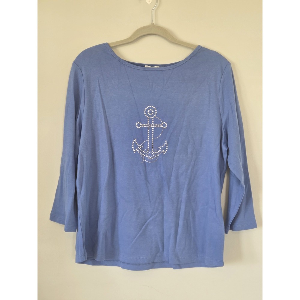 Bechamel Blue Anchor Shirt 3/4 Sleeves Cotton Beechwood Shore Womens Size L